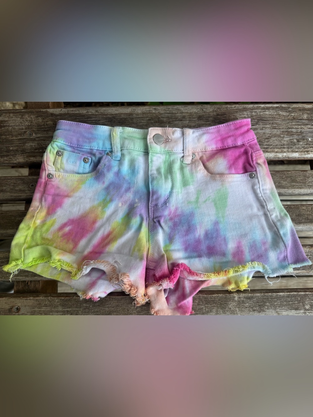 Tractr Tie-Dye Frayed Hem Shorts - Pink, Yellow, Green, Blue, Purple